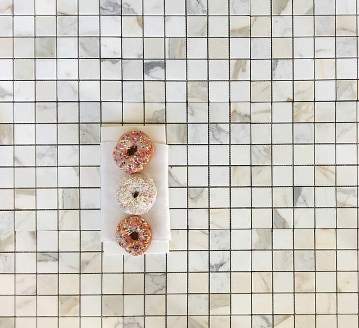 Donuts with Calacatta Gold Marble Square Mosaic tile